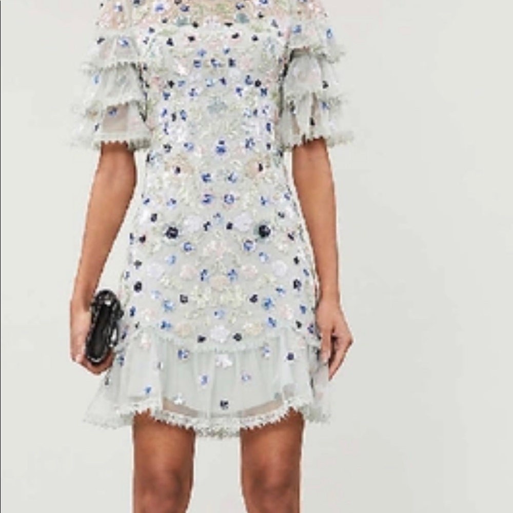 Needle & Thread Meadow Sequin Embroidered Ruffle Mini Dress in Green.